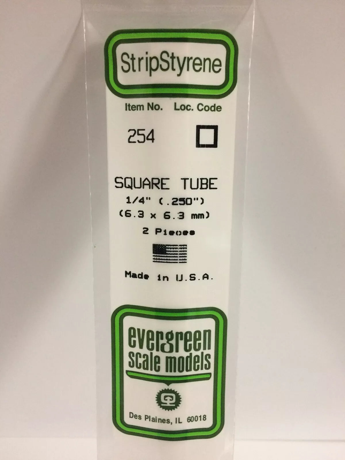 NEW Evergreen Scale Models #254 Polystyrene Square Tube .250 x 14 in 2 Pk
