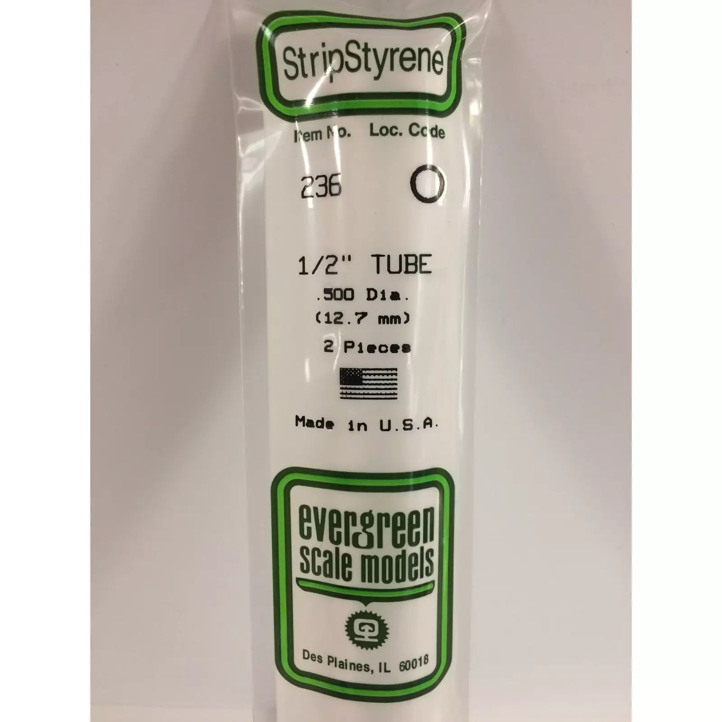 Evergreen 236 Styrene Plastic Tube 1/2" 0.500" x 14" (2)