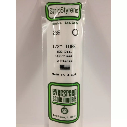 Evergreen 236 Styrene Plastic Tube 1/2" 0.500" x 14" (2)