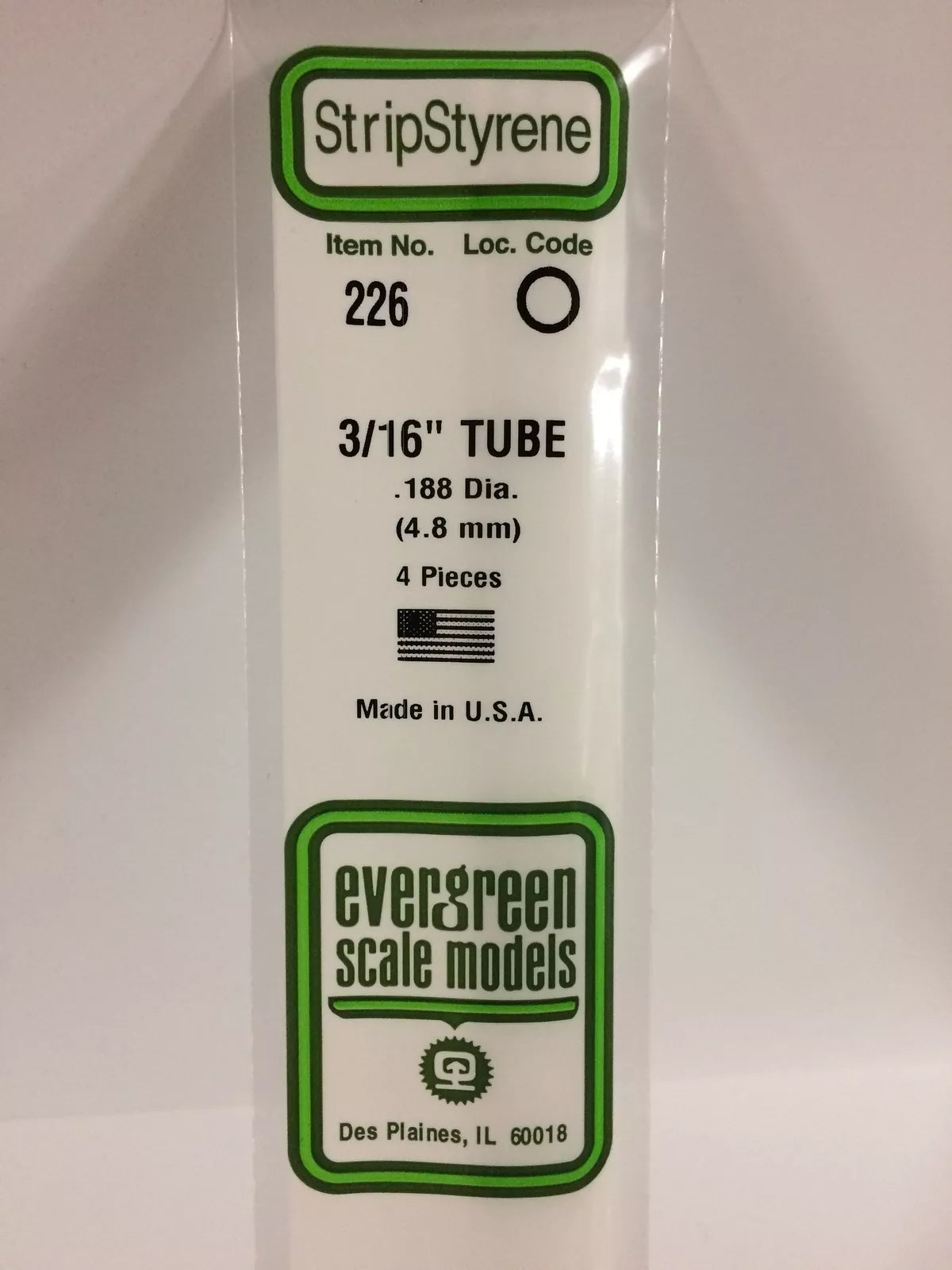 Evergreen Scale Models Styrene Tube .187in .47cm Diameter pkg(4) 226