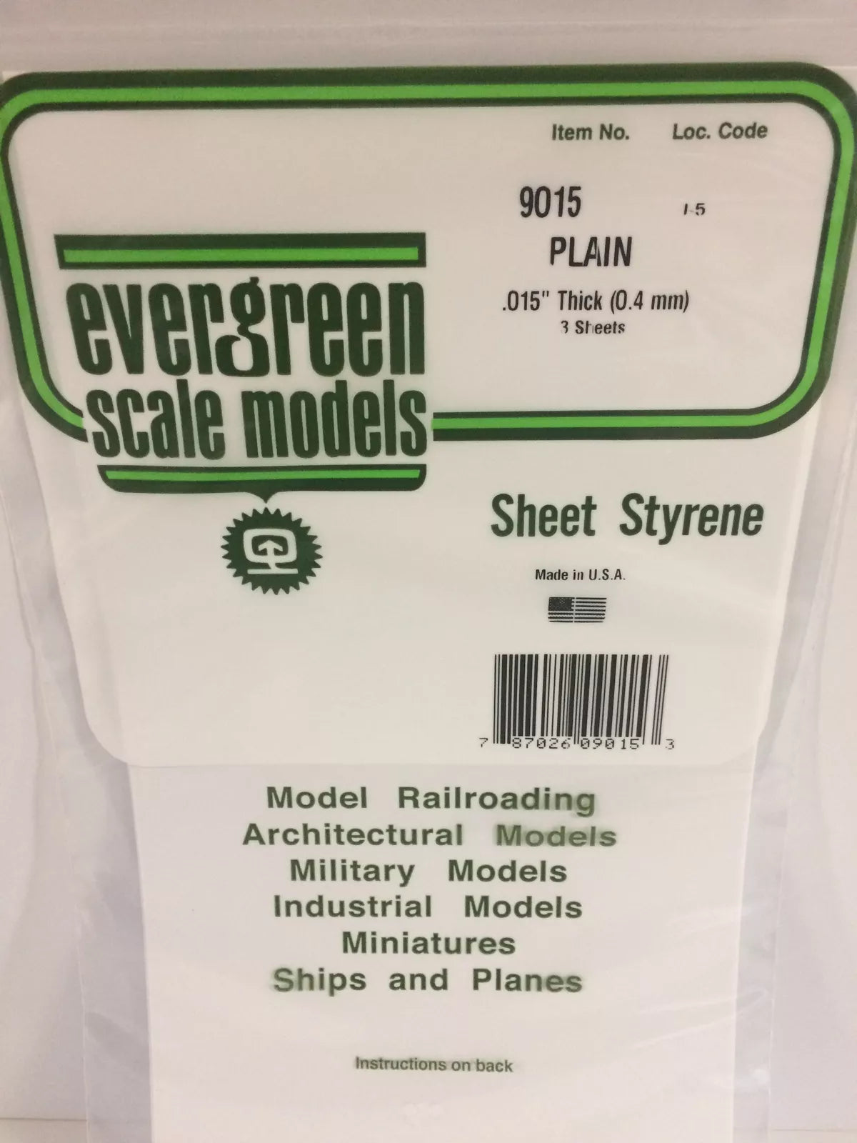 Evergreen Scale Models Styrene Sheet Plain 6 x 12in 15.2 x 30.5cm .015in .0 9015