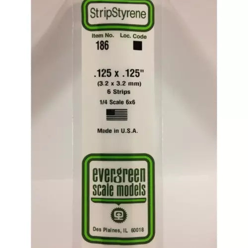 Evergreen 186 - .125" X .125" Opque White Polystyrene Strip (6 Piece Pack)
