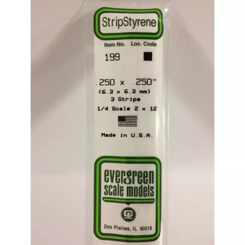 Evergreen 199 Styrene Plastic Strips 0.250"x 0.250"x 14" (3)