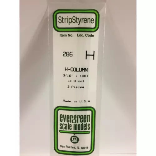 Evergreen 286 Styrene Plastic H Column 0.188" 4.8mm x 14" (3)