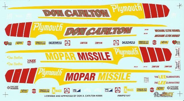 Slixx Decals Don Carlton's Mopar Missile '72-'74 Duster Prostock ...