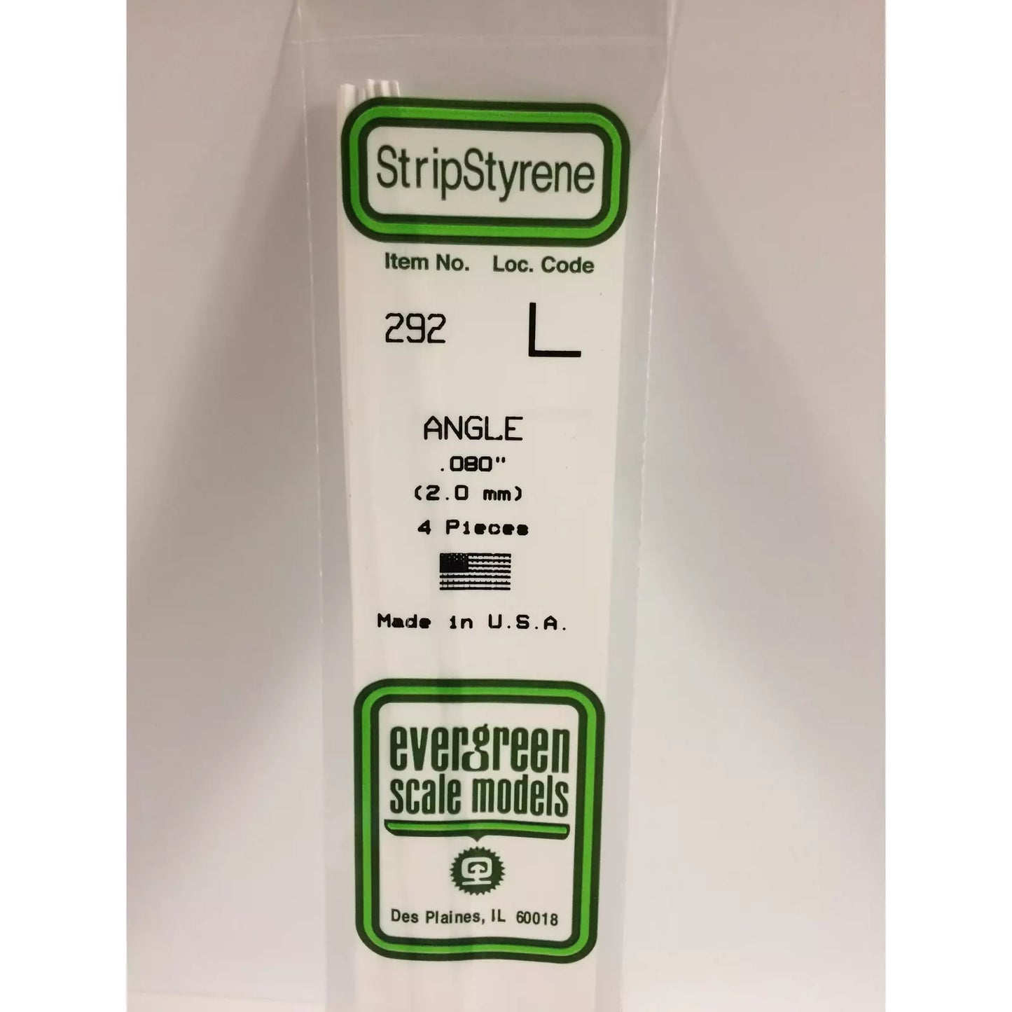 Evergreen 292 Styrene Plastic Angle 0.080" 2.0mm x 14" (4)