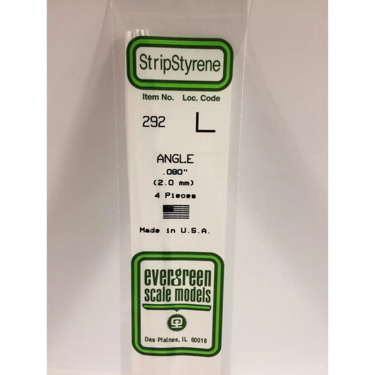Evergreen 292 Styrene Plastic Angle 0.080" 2.0mm x 14" (4)