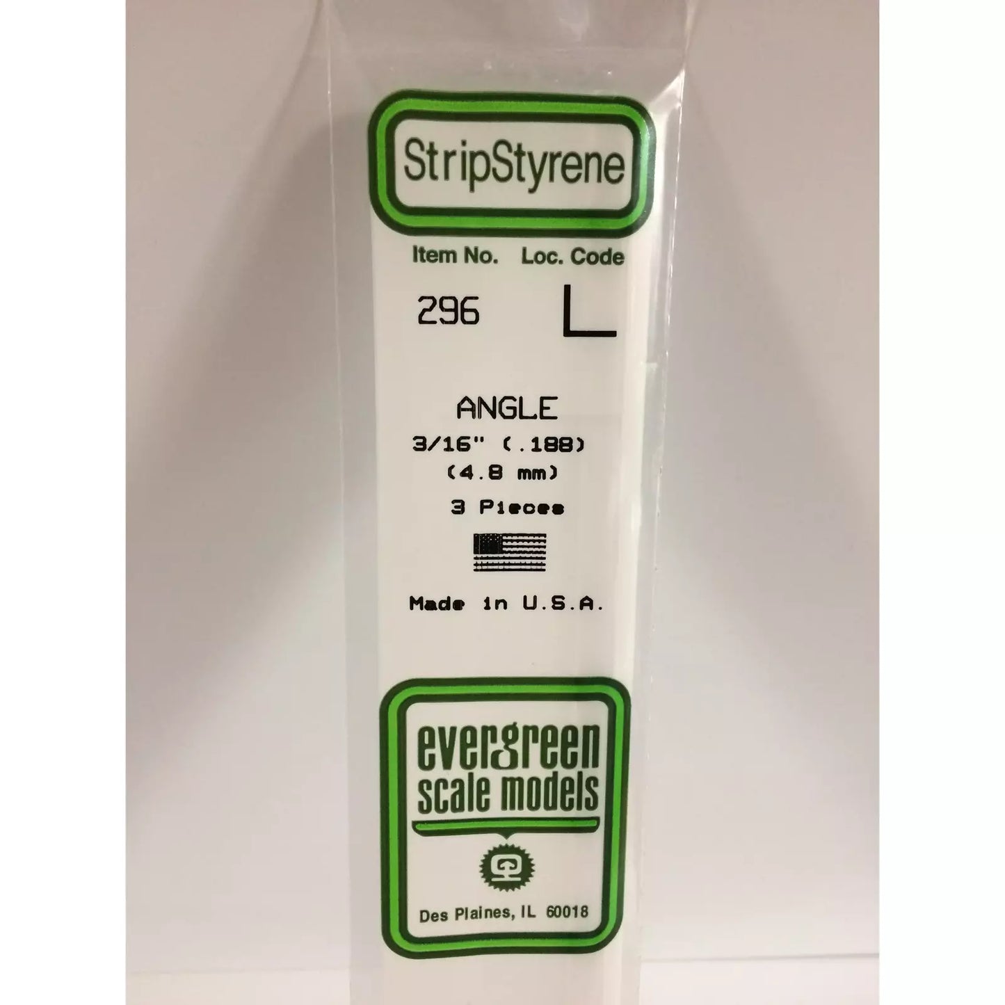 Evergreen 296 Styrene Plastic Angle 0.188" 4.8mm x 14" (3)