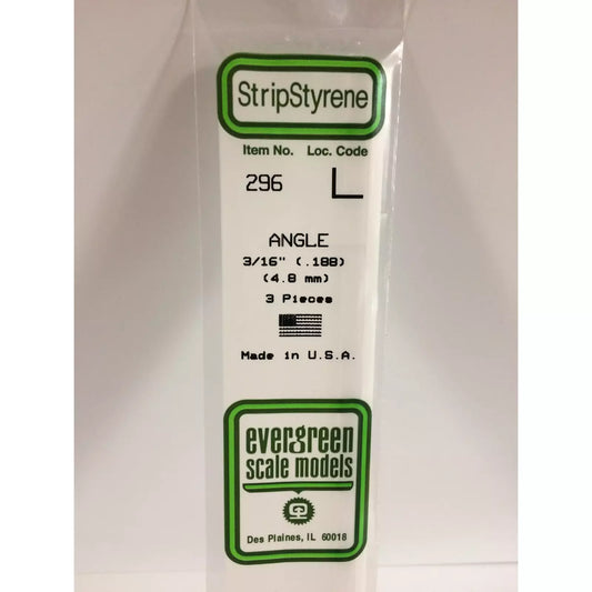 Evergreen 296 Styrene Plastic Angle 0.188" 4.8mm x 14" (3)