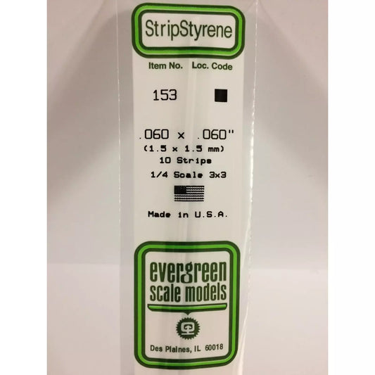 Evergreen 153 Styrene Plastic Strips 0.060"x 0.060"x 14" (10)
