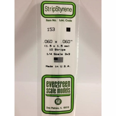 Evergreen 153 Styrene Plastic Strips 0.060"x 0.060"x 14" (10)