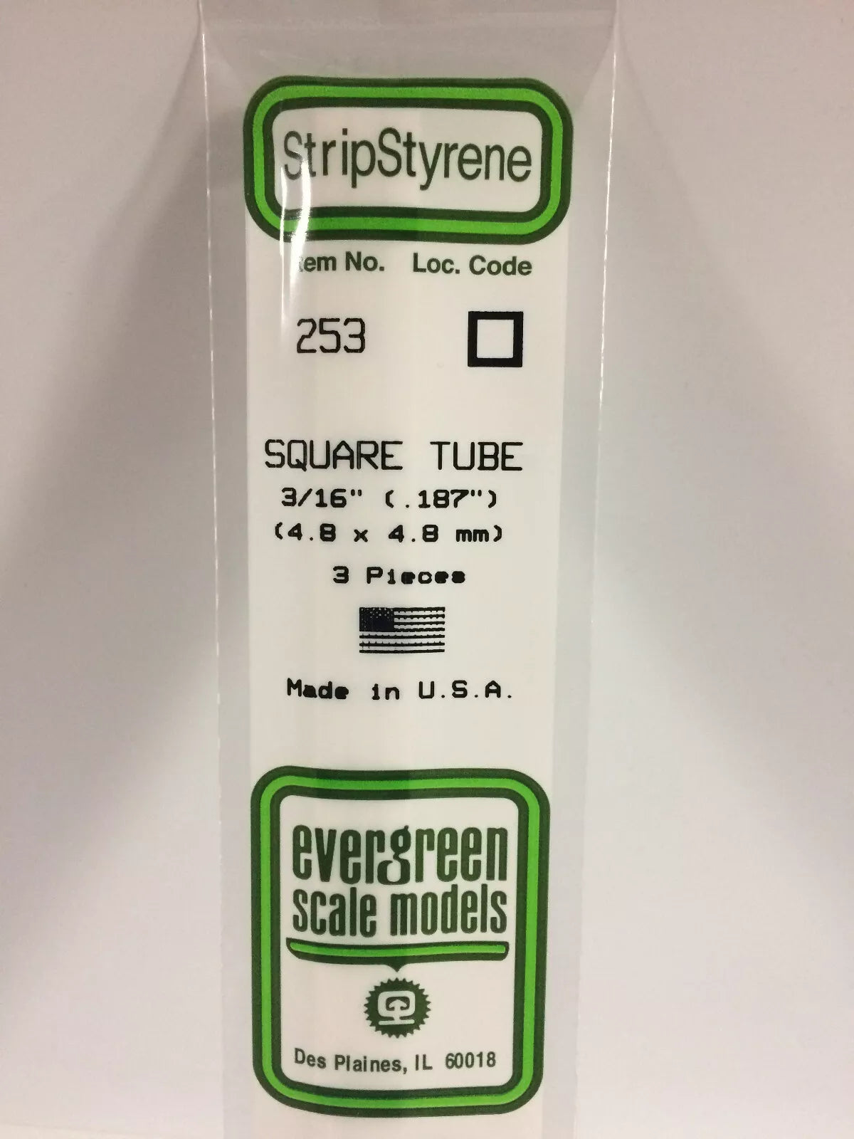 NEW Evergreen Scale Models #253 Polystyrene Square Tube .187 x 14 in 3 Pk