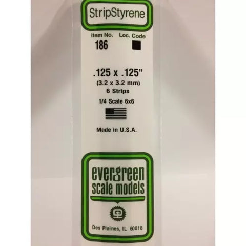 Evergreen 186 Styrene Plastic Strips 0.125"x 0.125"x 14" (6)