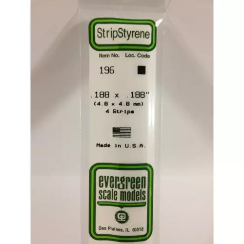 Evergreen 196 Styrene Plastic Strips 0.188"x 0.188"x 14" (4)