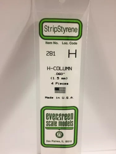 Evergreen 281 Styrene Plastic H Column 0.060" 1.5mm x 14" (4)