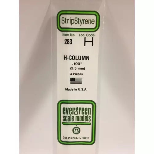Evergreen 283 Styrene Plastic H Column 0.100" 2.5mm x 14"(4)