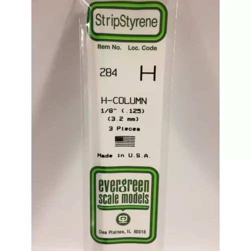 Evergreen 284 Styrene Plastic H Column 0.125" 3.2mm x 14" (3)
