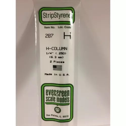 Evergreen 287 Styrene Plastic H Column 0.250" 6.4mm x 14" (2)