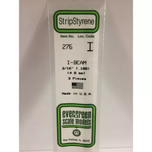 Evergreen 276 Styrene Plastic I Beam 0.188" 4.8mm x 14" (3)