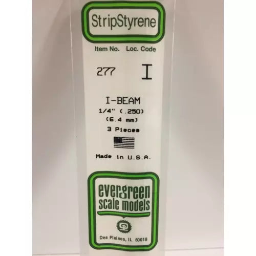 Evergreen 277 Styrene Plastic I Beam 0.250" 6.4mm x 14" (3)