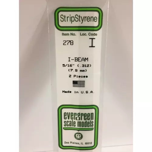 Evergreen 278 Styrene Plastic I Beam 0.312" 7.9mm x 14" (2)