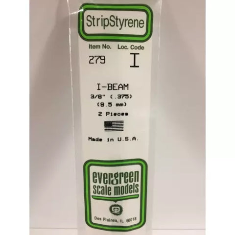 Evergreen 279 Styrene Plastic I Beam 0.375" 9.5mm x 14" (2)