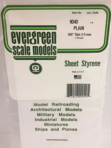 Evergreen Scale Models Styrene Sheet Plain 6 x 12in 15.2 x 30.5cm .040in .1 9040